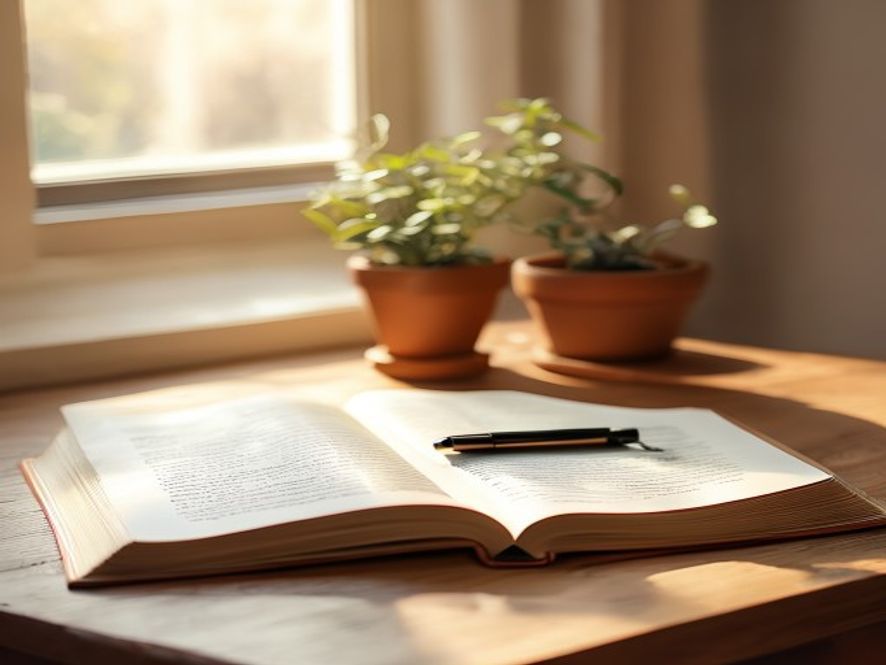 Geopende dagboek met pen op een bureau met plantje en warme verlichting